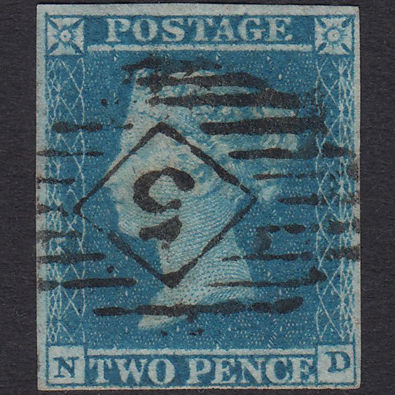 GB QV 1841 2d Pale Blue Plate 4 SG13-E1(1) ND FU 4 Margins London IS 5