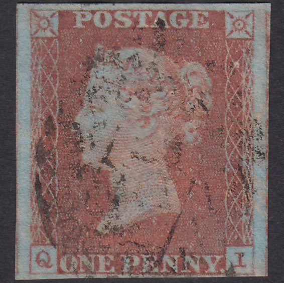 GB QV 1841 1d Very Blued Plate 73 SG8A-B1(2) QI FU 4 Margins Light Cancel