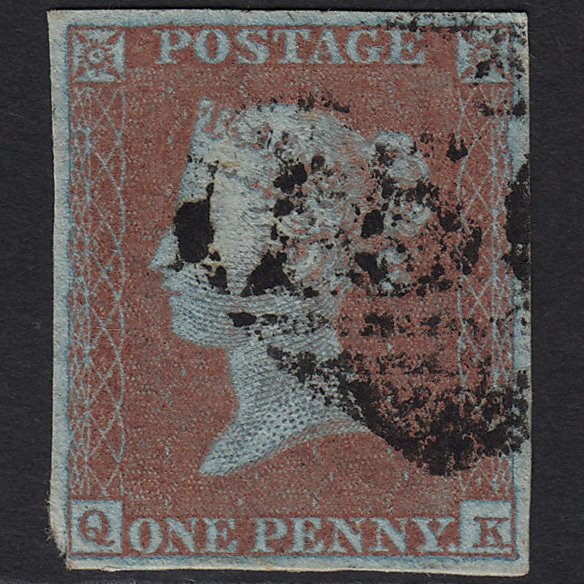 GB QV 1841 1d Very Blued (Plate 129) SG8a-B1(2) QK GU in Ireland 4 Margins