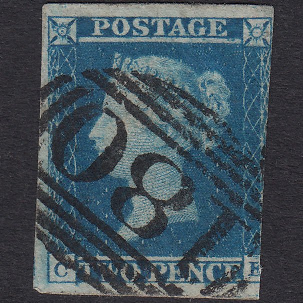GB QV 1841 2d Blue (Plate 4) SG14-E1(2) CE FU 3 Margins Chester 180