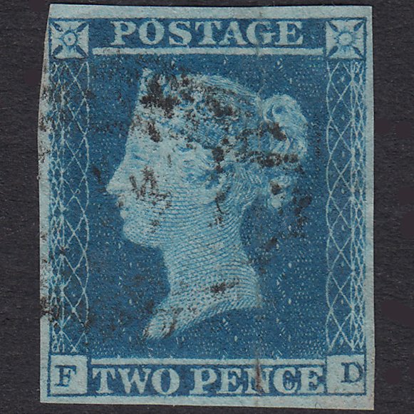 GB QV 1841 2d Blue Plate 4 SG14-E1(2) FD GU 4 Margins Light Cancel