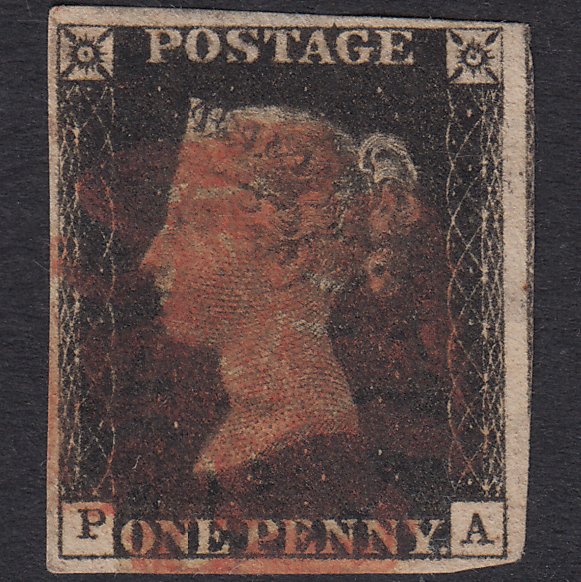 GB QV 1840 1d Black Plate 8 SG2-A1(2) PA FU 4 Margins Red Maltese Cross