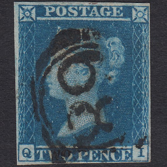 GB QV 1841 2d Blue Plate 3 SG14-E1(2) QI FU 4 Margins London D&S 68