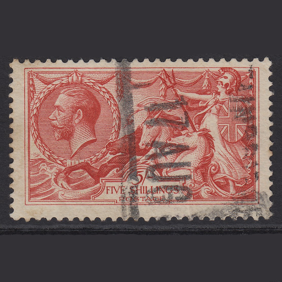 GB Kg5 1918 5/- Rose-red Seahorses SG416-N68(2) GU Light Cancel