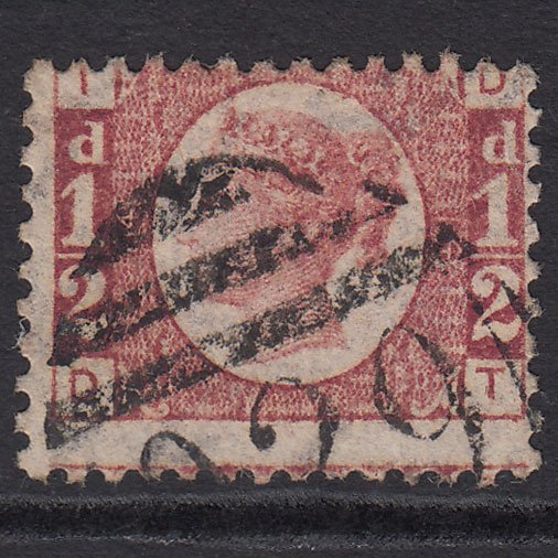 GB QV 1870 1/2d Rose-red (Plate 14) SG48-G4 DT FU Yeovil 929 Misperf