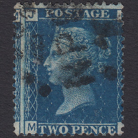 GB QV 1869 2d Blue (Plate 14) SG46-G3 MJ FU Npb Cancel Large Misperf