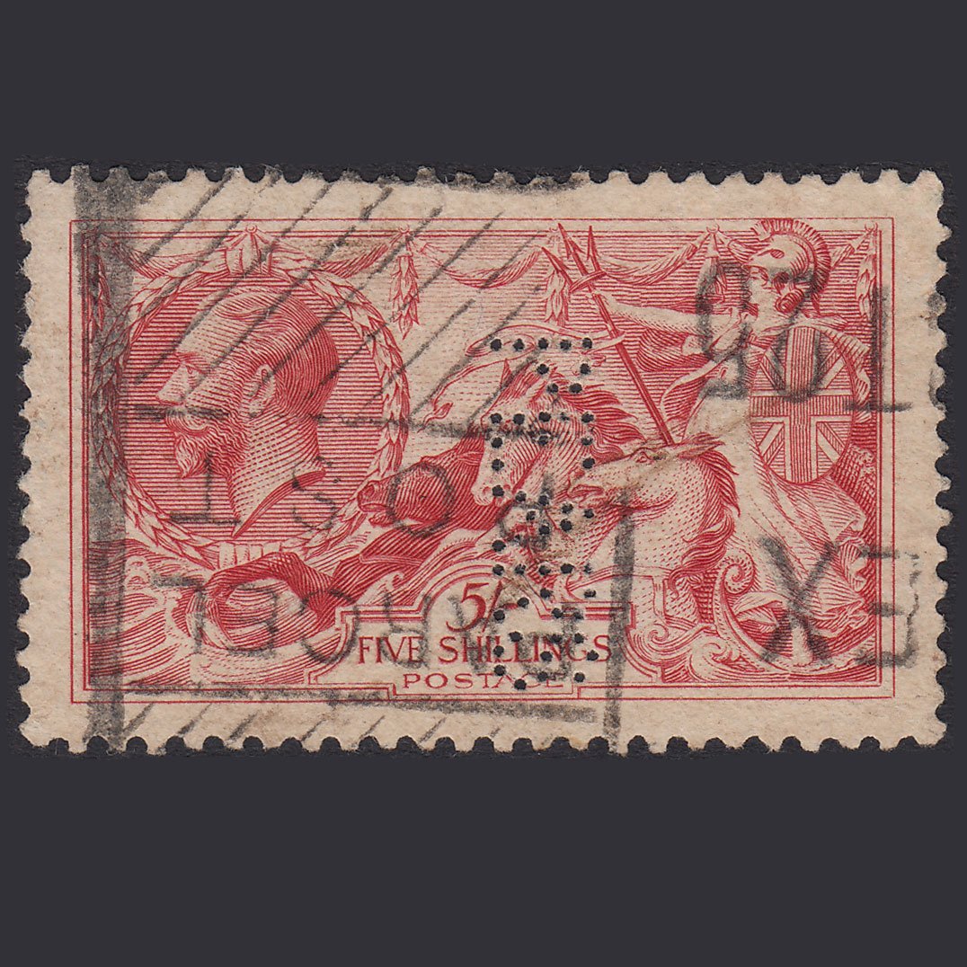 GB KG5 1918 5/- Rose-Red Seahorses SG416-N68(2) GU Pears Perfin