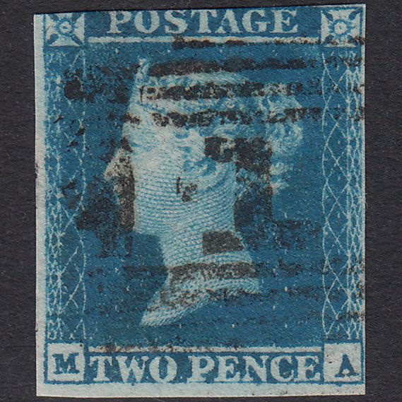 GB QV 1841 2d Blue Plate 4 SG14-E1(2) MA FU 3 Margins Aberdeen 1