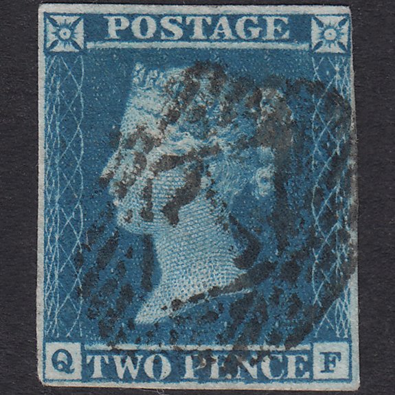 GB QV 1841 2d Blue Plate 3 SG14-E1(2) QF FU 4 Margins London IS 7