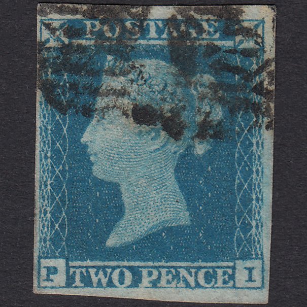 GB QV 1841 2d Blue Plate 4 SG14-E1(2) PI FU 4 Margins London IS Cancel