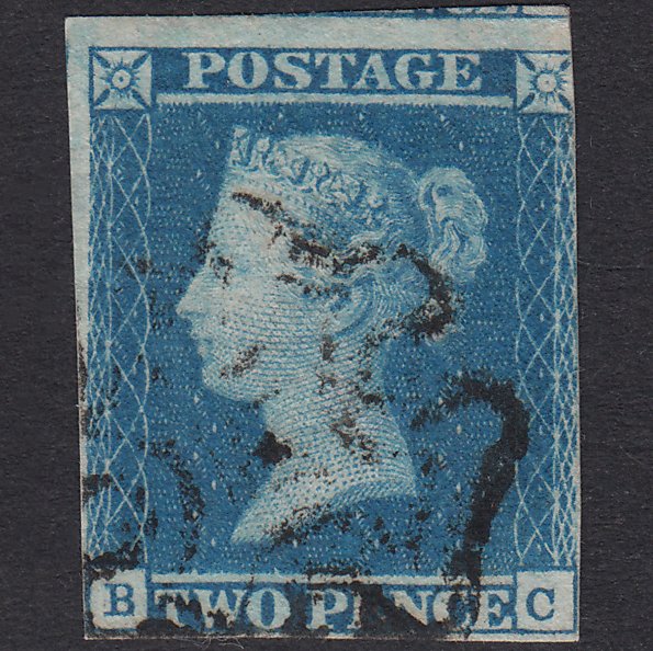 GB QV 1841 2d Blue Plate 3 SG14-E1(2) BC FU 3 Margins Maltese Cross
