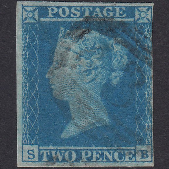 GB QV 1841 2d Blue Plate 4 SG14-E1(2) SB FU 4 Margins Launceston 439