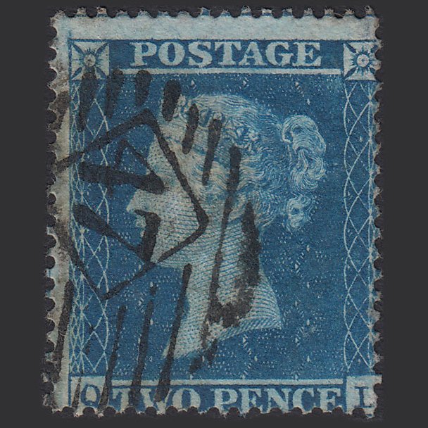GB QV 1858 2d Blue (Plate 6) SG36a-f8 QL FU London IS 47 Misperf