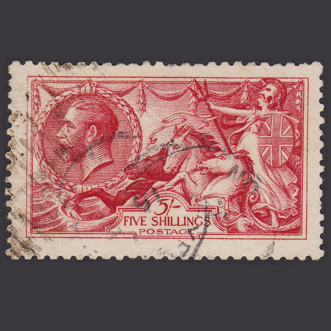 GB Kg5 1915 5/- Bright Carmine Seahorses SG409-N67(1) FU Light Cancel