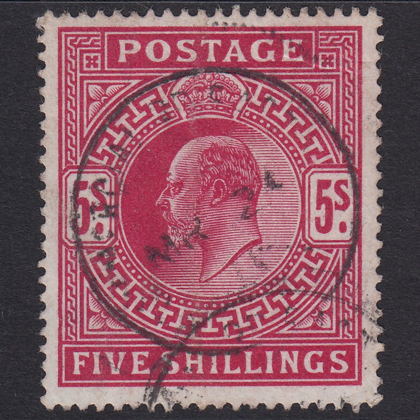 GB KE7 1902 5/- Dp Brt Carmine SG264-M51(2) FU CDS