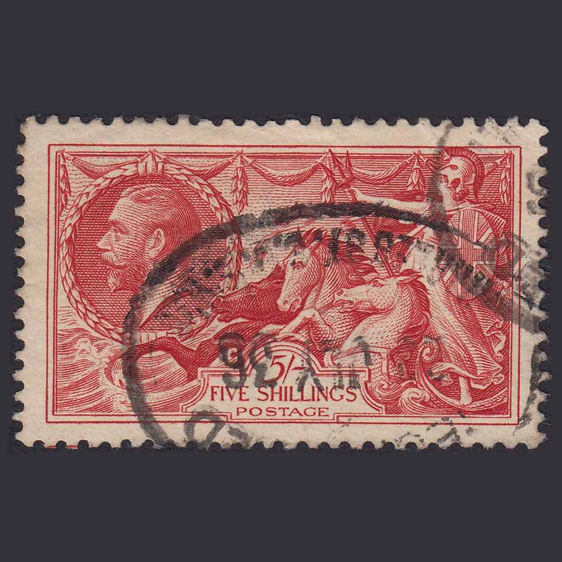 GB KG5 1934 5/- Bright Rose-Red Seahorses SG451-N74 FU Registered Cancel
