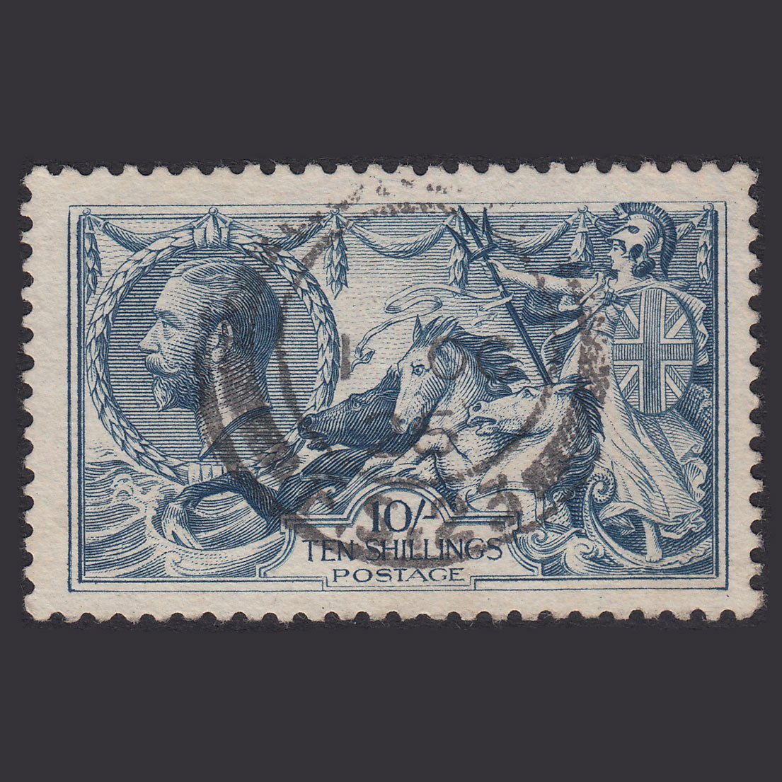 GB KG5 1919 10/- Dull Grey-Blue Seahorses SG417-N71(2) VFU CDS
