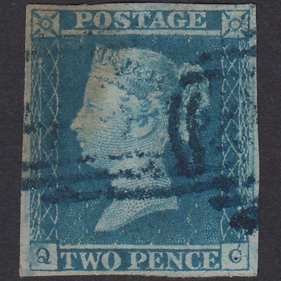 GB QV 1841 2d Pale Blue Plate 3 SG13-E1(1)wb QC GU 4M Blue Postmark