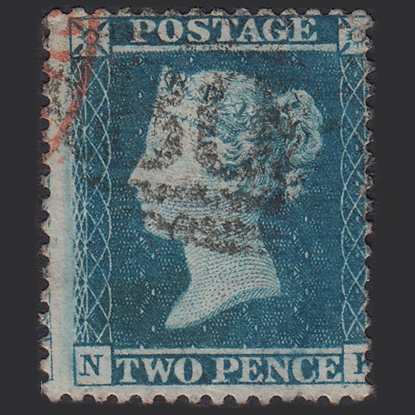GB QV 1855 2d Greenish Blue (Plate 5) SG34-F6(2) NK GU With Red Cancel Misperf