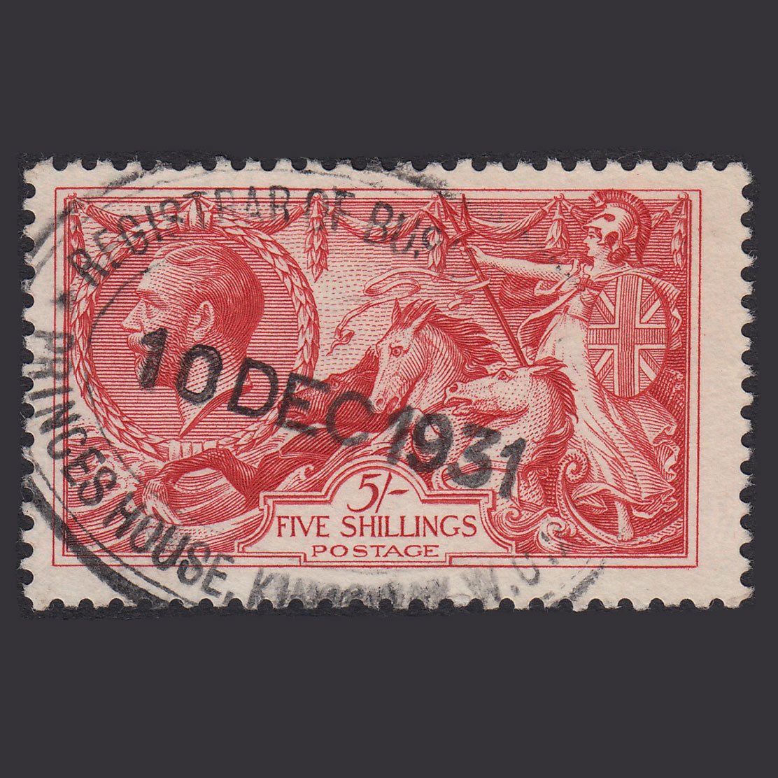 GB KG5 1918 5/- Rose-Red Seahorses SG416-N68(2) FU Princes House Cancel