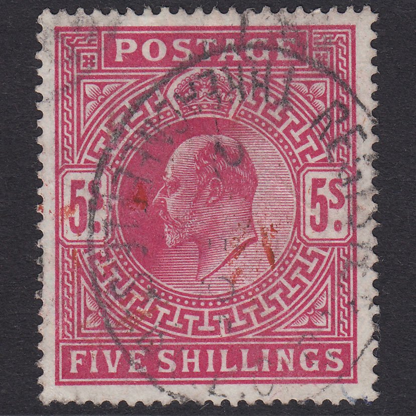 GB KE7 1902 5/- Brt Carmine SG263-M51(1) GU Registered Cancel