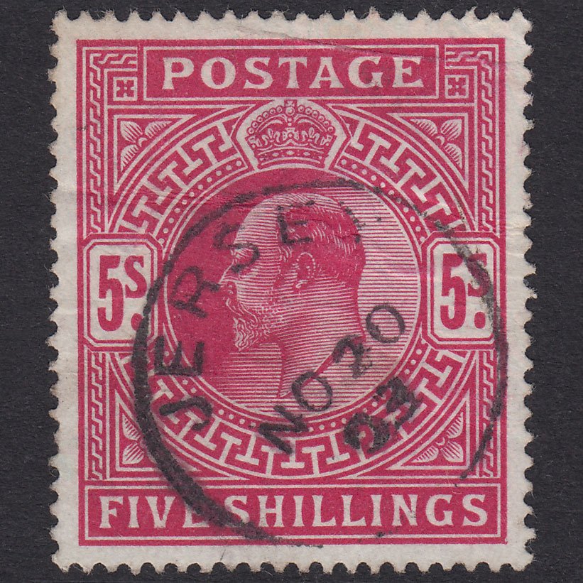 GB KE7 1902 5/- Dp Brt Carmine SG264-M51(2) GU Jersey CDS