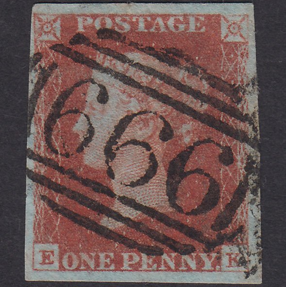 GB QV 1841 1d Red-Brown Plate 62 SG8-B1(1) EK FU 4 Margins Ryde Iow 666