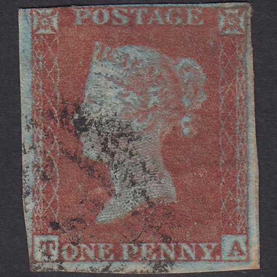 GB QV 1841 1d Very Blued Plate 134 SG8A-B1(2) TA GU Nr 4 Margins