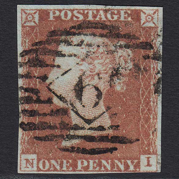 GB QV 1841 1d Red-brown (Plate 69) (SG8) 'NI' GU 4 Margins London IS Cancel
