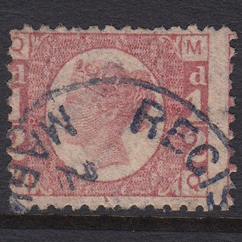 GB QV 1870 1/2d Rose (Plate 8) SG49-G4 MQ FU Blue Registered Cancel Misperf