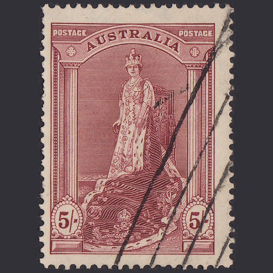 AUSTRALIA 1938 5sh Claret Queen Elizabeth SG176 FU Light Cancel