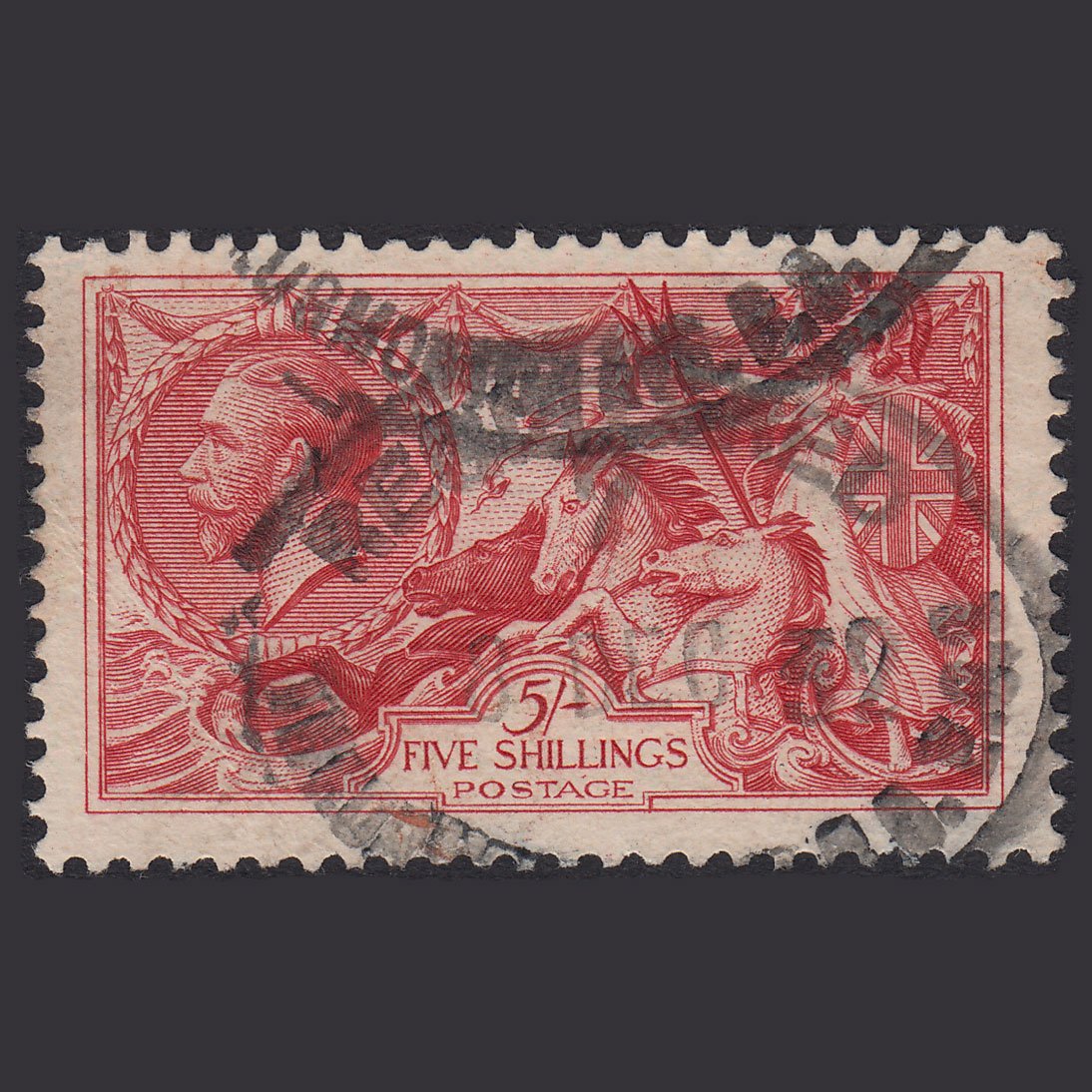 GB KG5 1918 5/- Rose-Red Seahorses SG416-N68(2) FU Registered Cancel