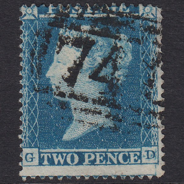 GB QV 1854 2d Deep Blue Plate 4 SG19-F1(1) GD GU Staines 741