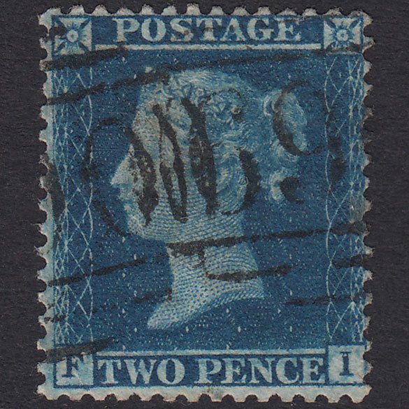 GB QV 1857 2d Blue Plate 6 SG35-F7 FI FU Saxmundham 690 Well Centred