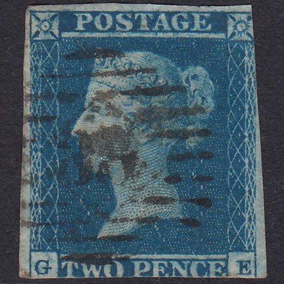 GB QV 1841 2d Blue Plate 4 SG14-E1(2) Ivory Head GE GU London IS Cancel