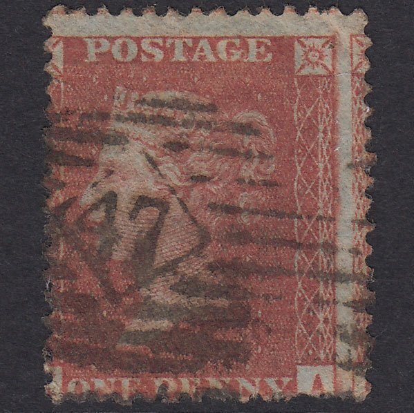 GB QV 1856 1d Red-Brown Plate 27 SG29-C8(1) KA GU London IS 47 Misperf