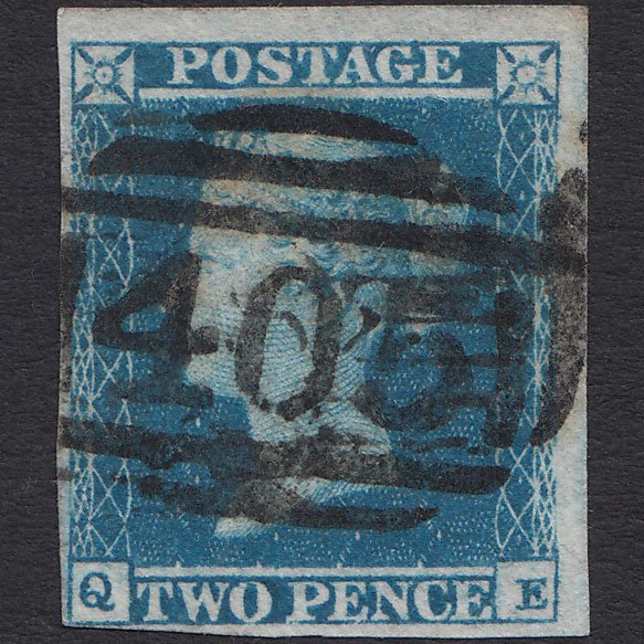 GB QV 1841 2d Blue (Plate 4) SG14-E1(2) QE FU 4 Margins Ipswich 405