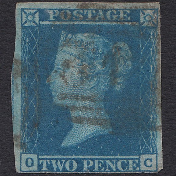 GB QV 1841 2d Blue (Plate 3) SG14-E1(2) OC GU 4 Margins Tear