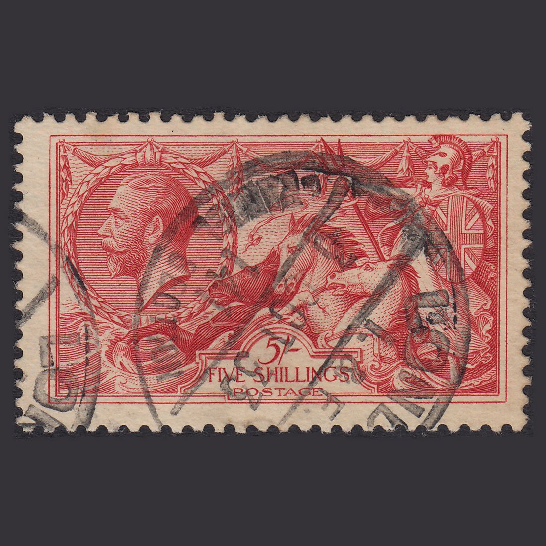 GB KG5 1918 5/- Rose-Red Seahorses SG416-N68(2) GU London Parcel Pmk