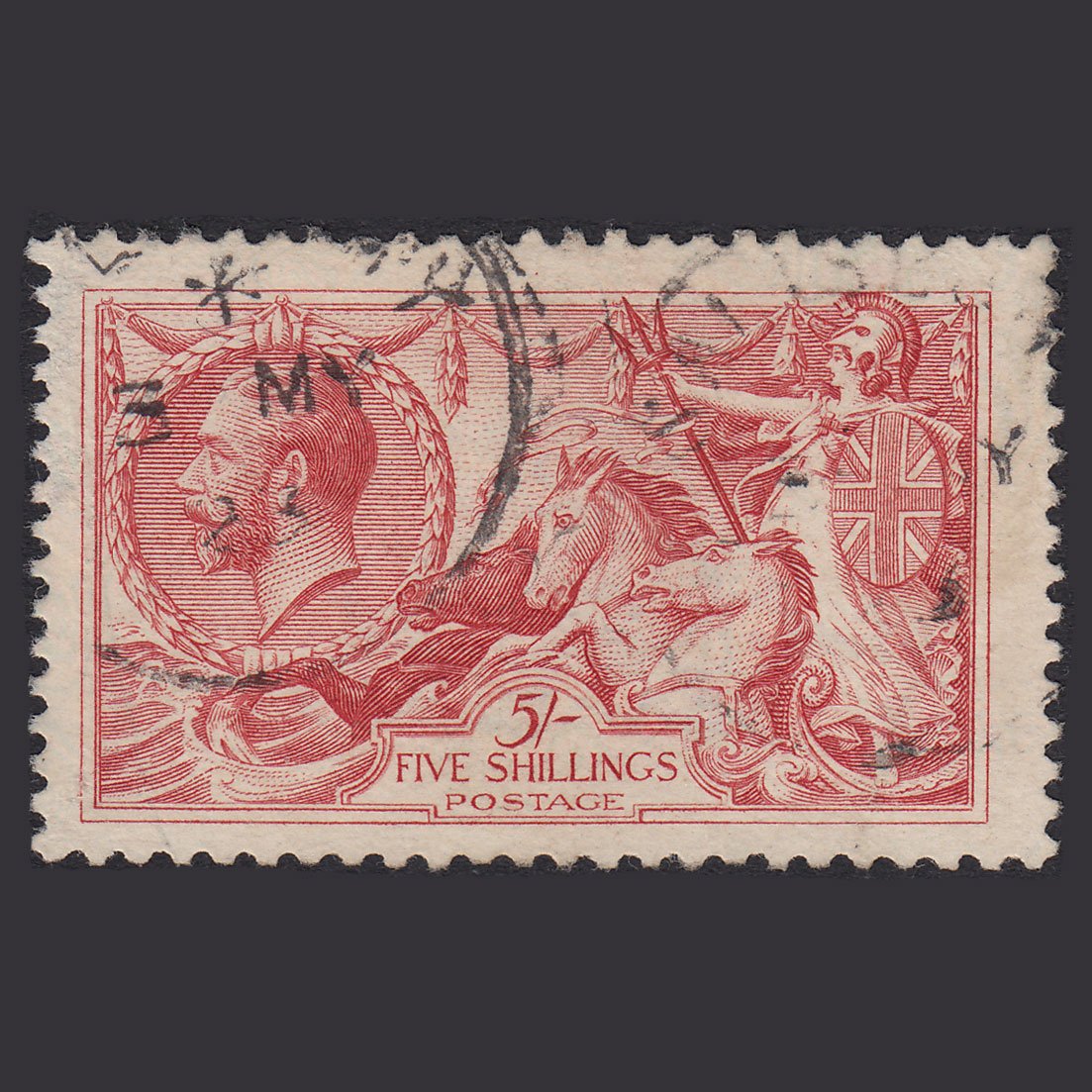GB KG5 1918 5/- Rose-Red Seahorses SG416-N68(2) FU Light Cancel