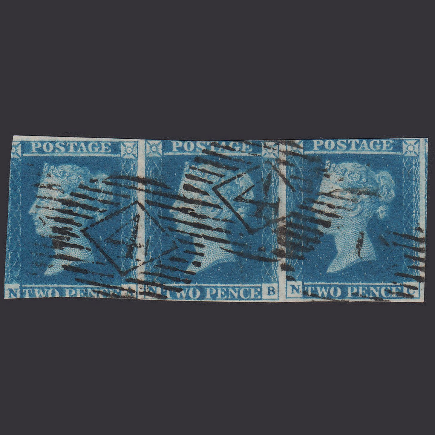 GB QV 1841 2d Blue Plate 3 SG14-E1(2) Ivory Head NA-NB-NC GU Strip of 3