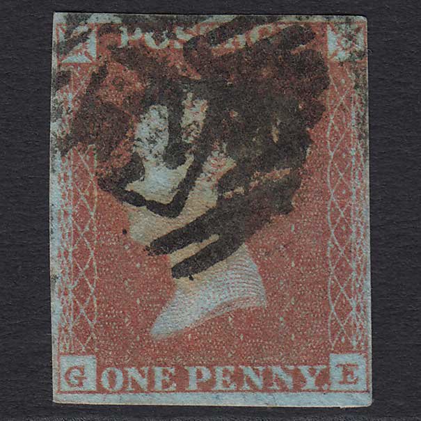 GB QV 1841 1d Red-brown (Plate 98) (SG8) 'GE' GU London IS 27 4 Margins