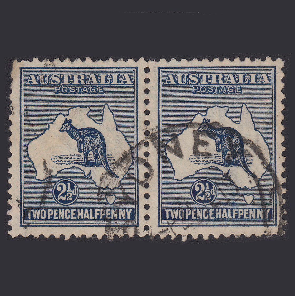 AUSTRALIA 1919 2 1/2d Deep Indigo Kangaroo SG36b FU Pair Sydney CDS