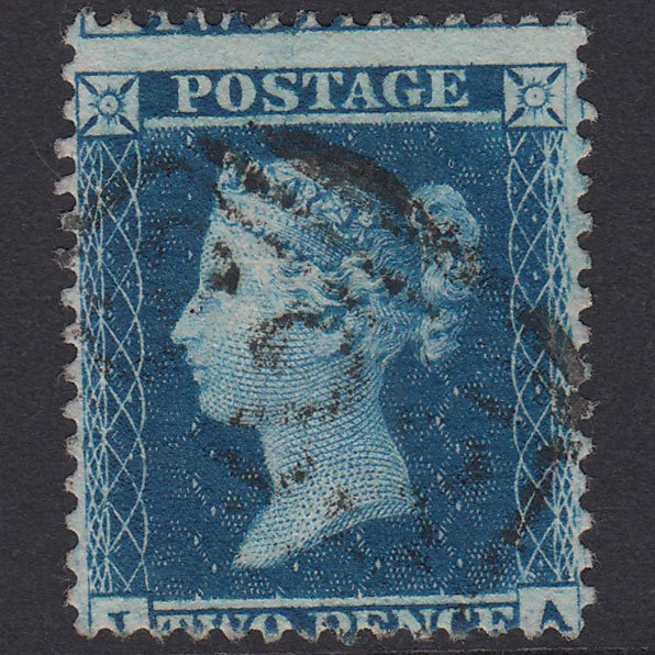 GB QV 1855 2d Blue Plate 5 SG34-F6(1) JA FU Grimsby 323 Misperf