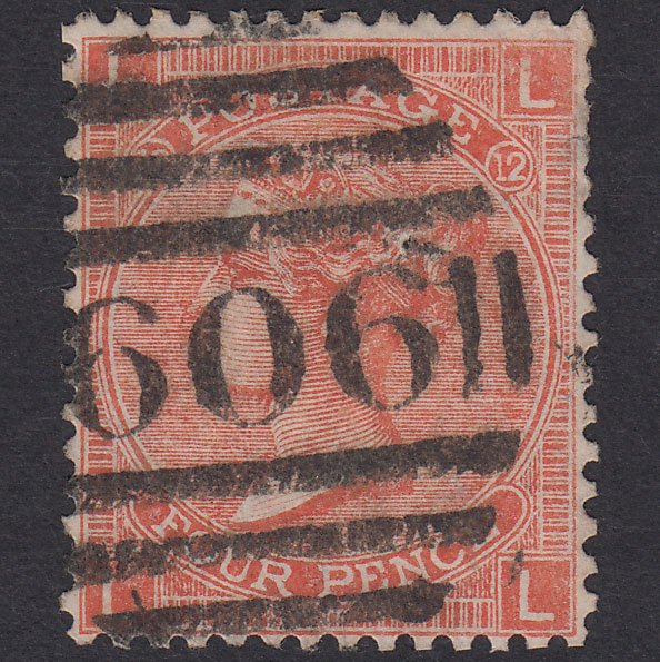 GB QV 1865 4d Vermillion Plate 12 SG94-J54 LL PU Penrith 606 Pinhole