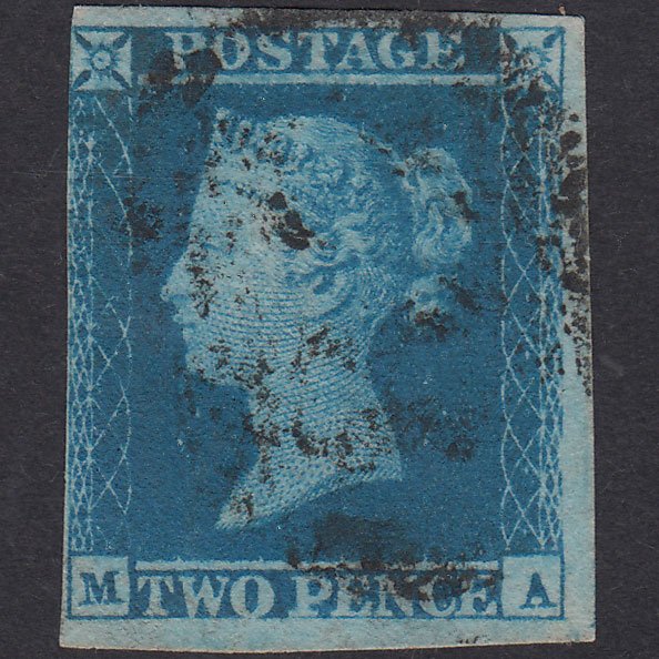 GB QV 1841 2d Blue Plate 4 SG14-E1(2) MA GU Nr 4 Margins