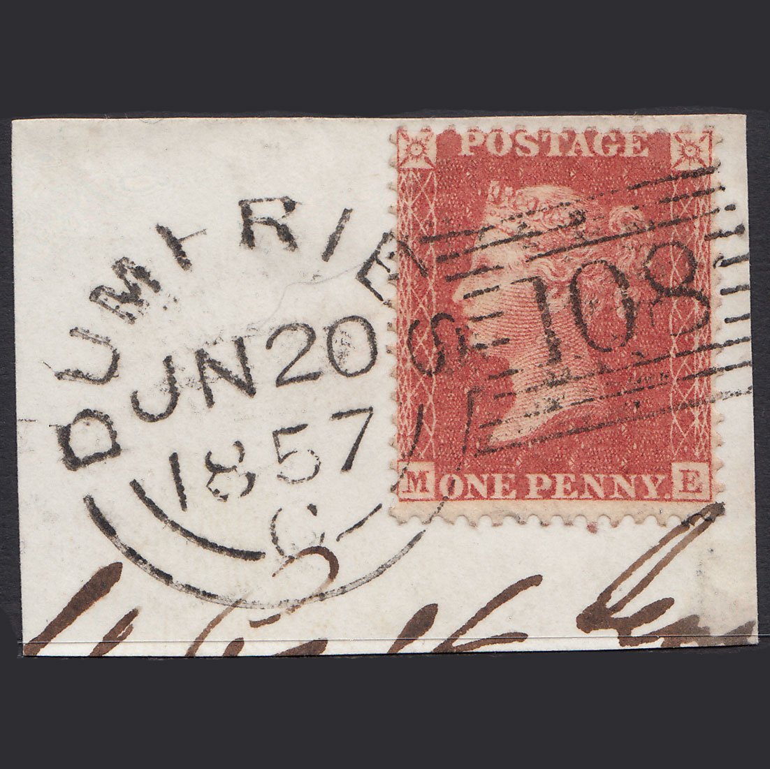 GB QV 1857 1d Dull Red (Plate 45) SGC9(5) ME VFU Dumfries 108 on Piece