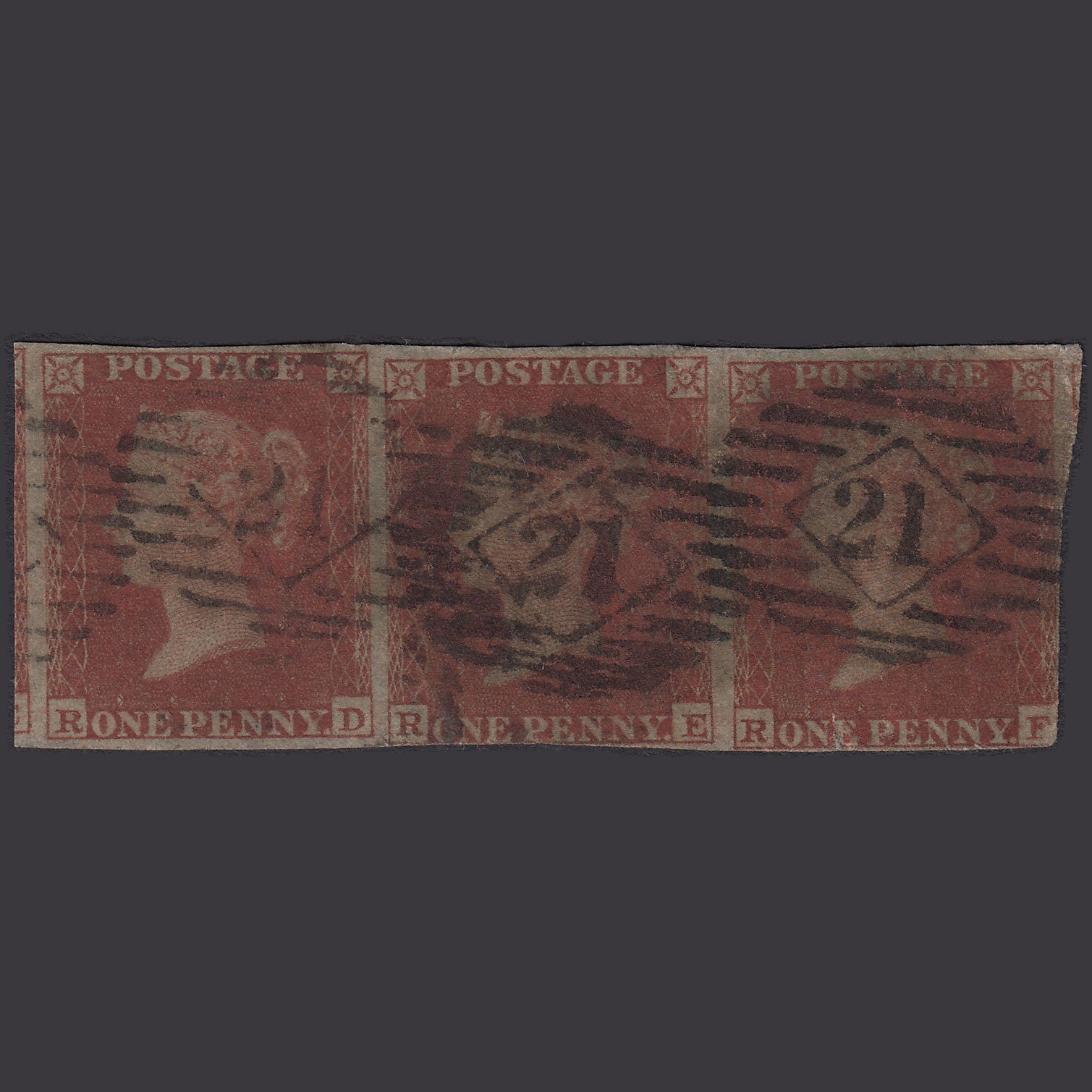 GB QV 1841 1d (Plate 165) SG8-B2(1) RD-RE-RF PU Strip OF 3 nr 4M London Tear
