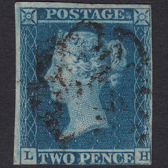 GB QV 1841 2d Blue Plate 3 SG14-E1(2) Guideline LH FU Nr 4 Margins MX