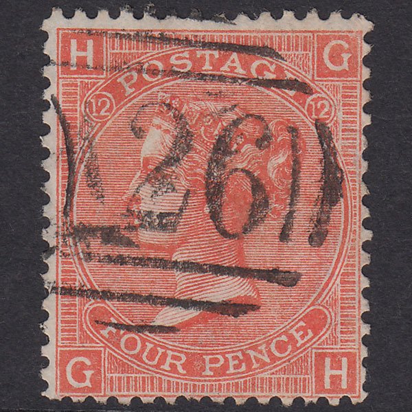 GB QV 1865 4d Vermillion Plate 12 SG94-J54 GH FU Gibraltar A26